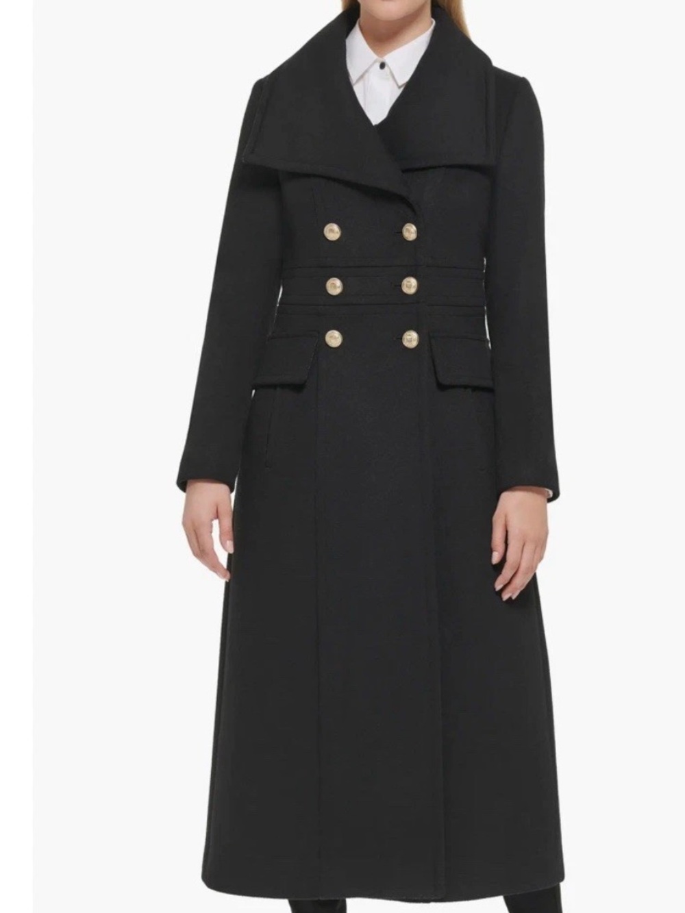 NWT KARL LAGERFELD PARIS Double Breasted Black Wool Blend Military Coat Large
